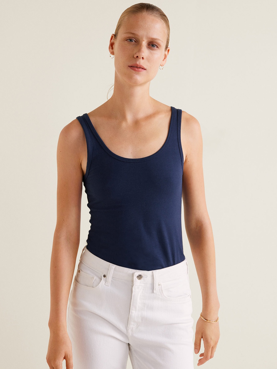 

MANGO Women Navy Blue Solid Fitted Top