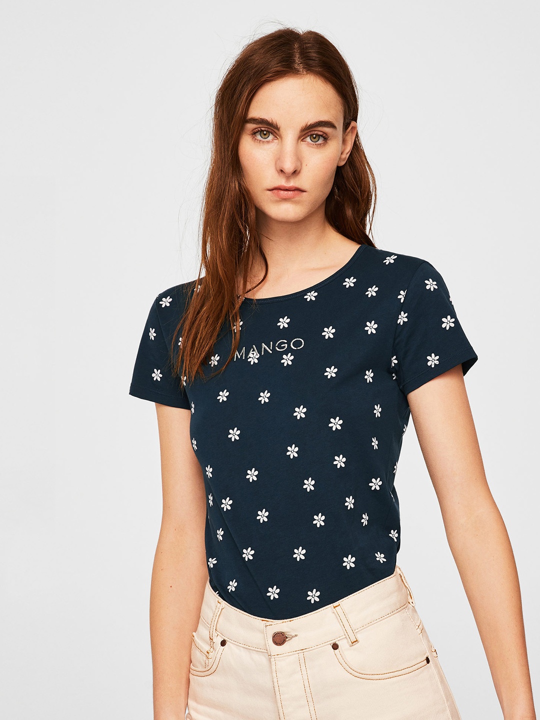 

MANGO Women Navy Blue Printed Round Neck T-shirt