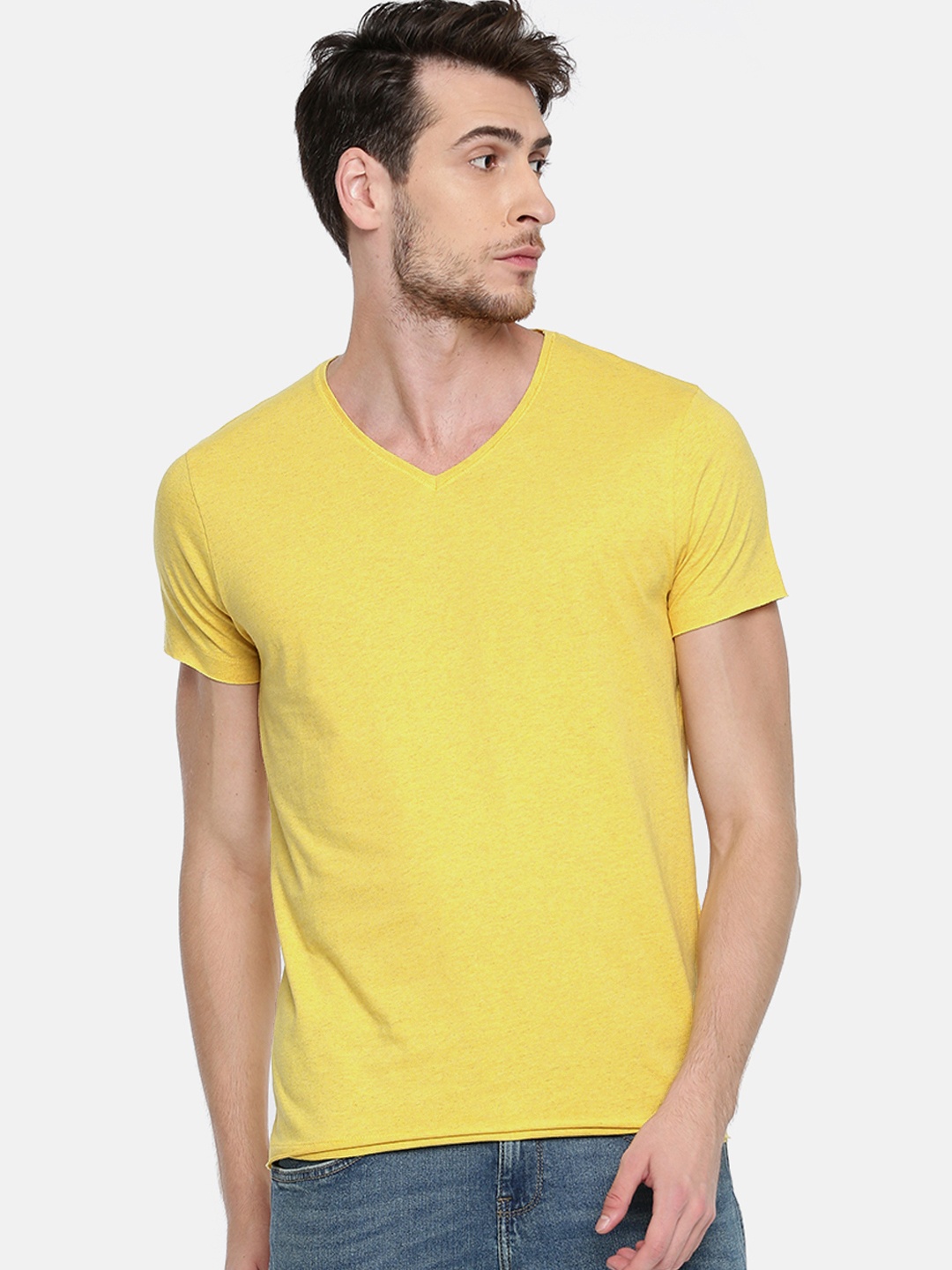 

Jack Jones Men Yellow Solid V-Neck Pure Cotton T-shirt