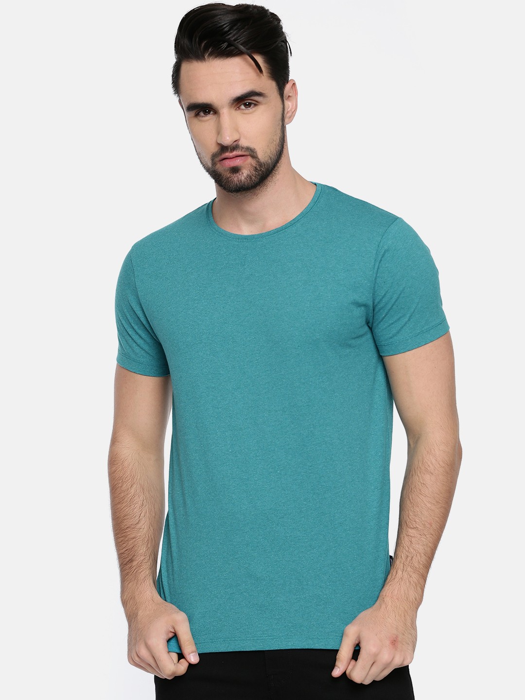 

Jack Jones Men Turquoise Blue Solid Round Neck Pure Cotton T-shirt