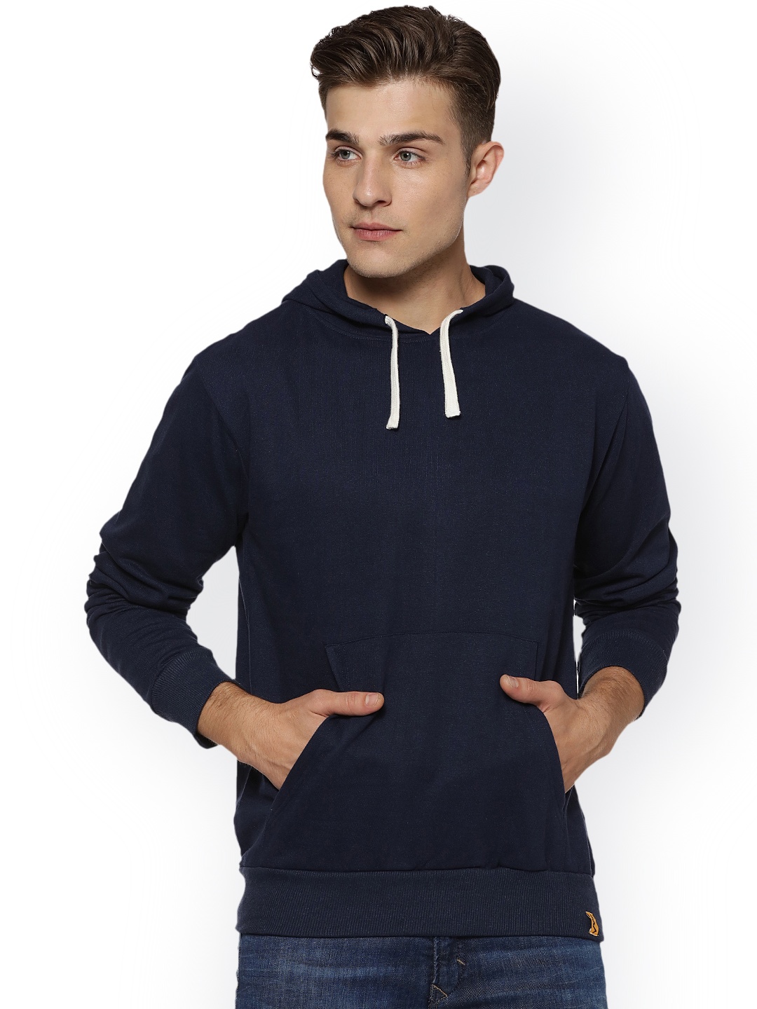 

Campus Sutra Men Navy Blue Solid Hooded Sweatshirt