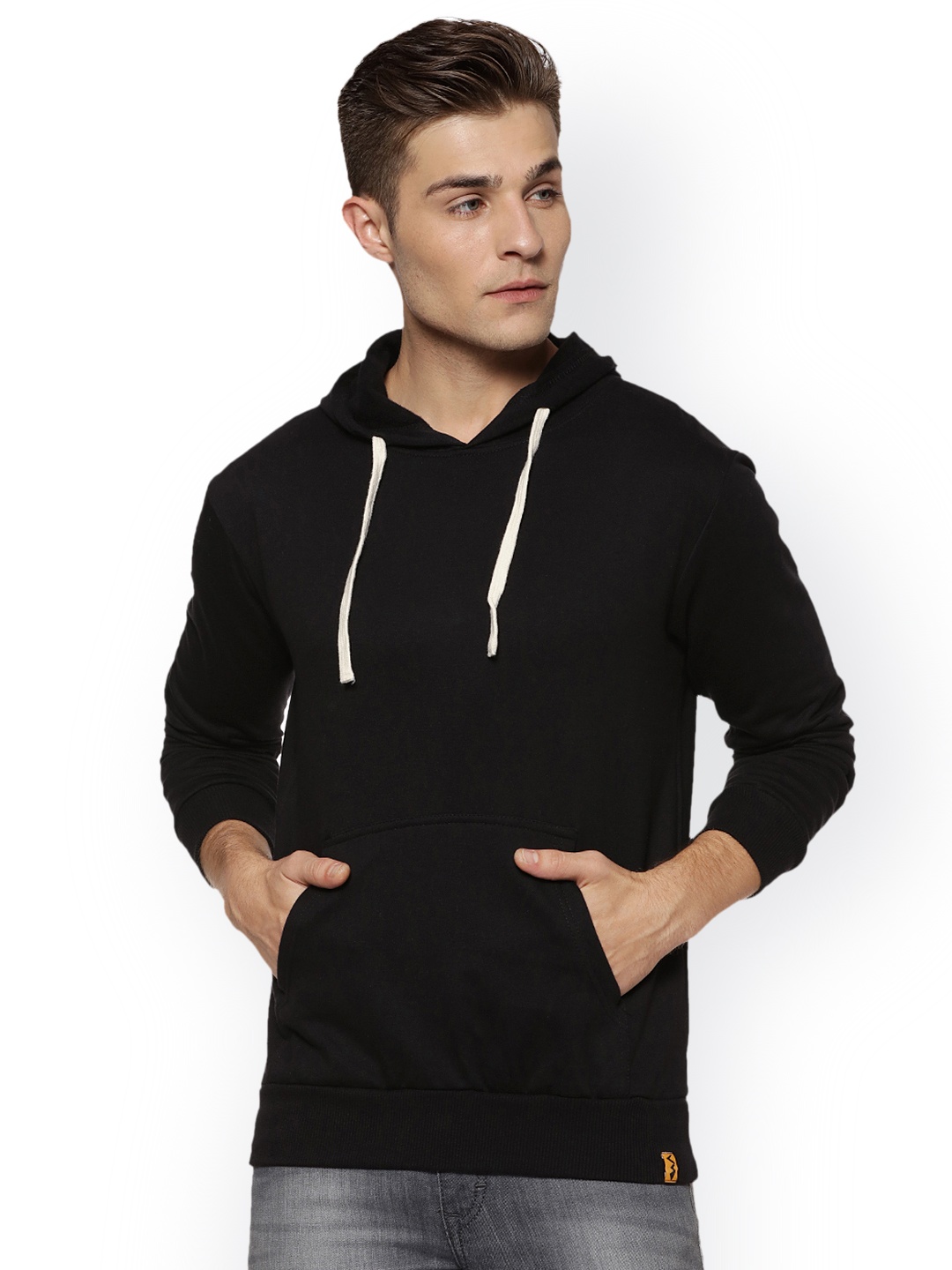 

Campus Sutra Men Black Solid Hooded Sweatshirt