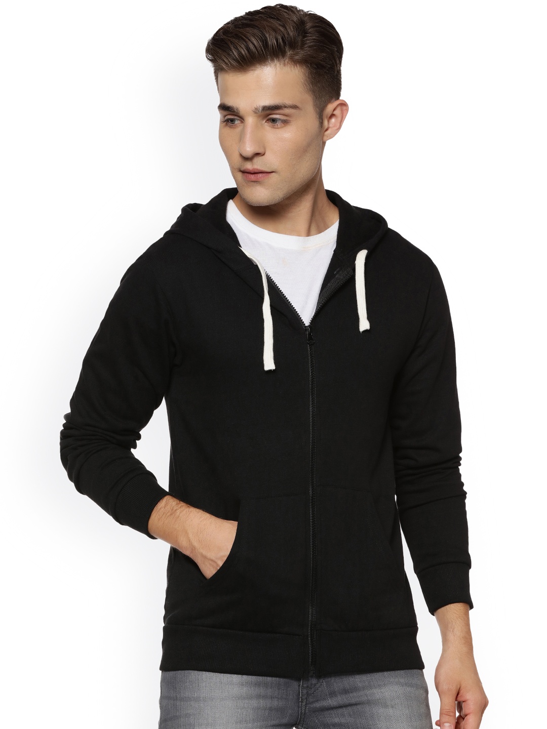 

Campus Sutra Men Black Solid Hooded Sweatshirt