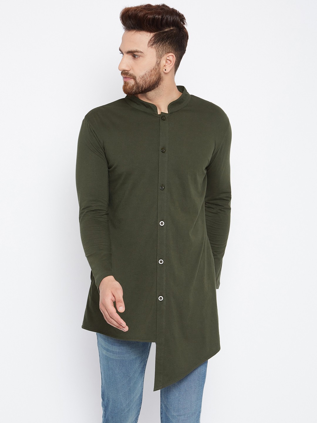 

Hypernation Men Olive Green Solid Asymmetric Straight Kurta