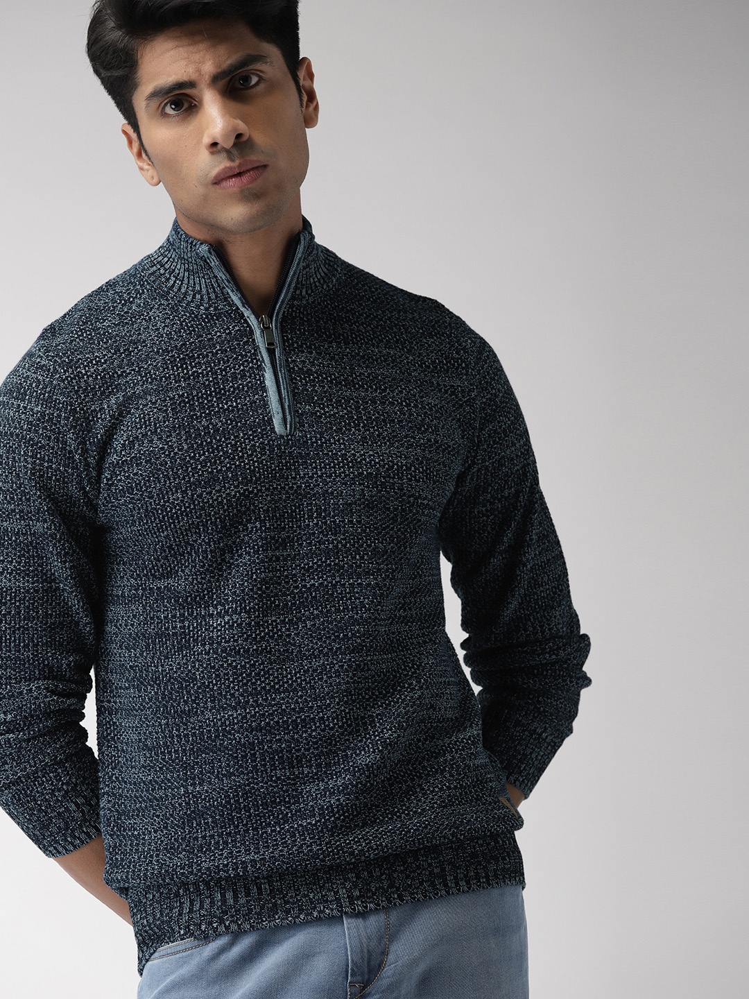 

Indian Terrain Men Navy Blue Self Design Pullover Sweater