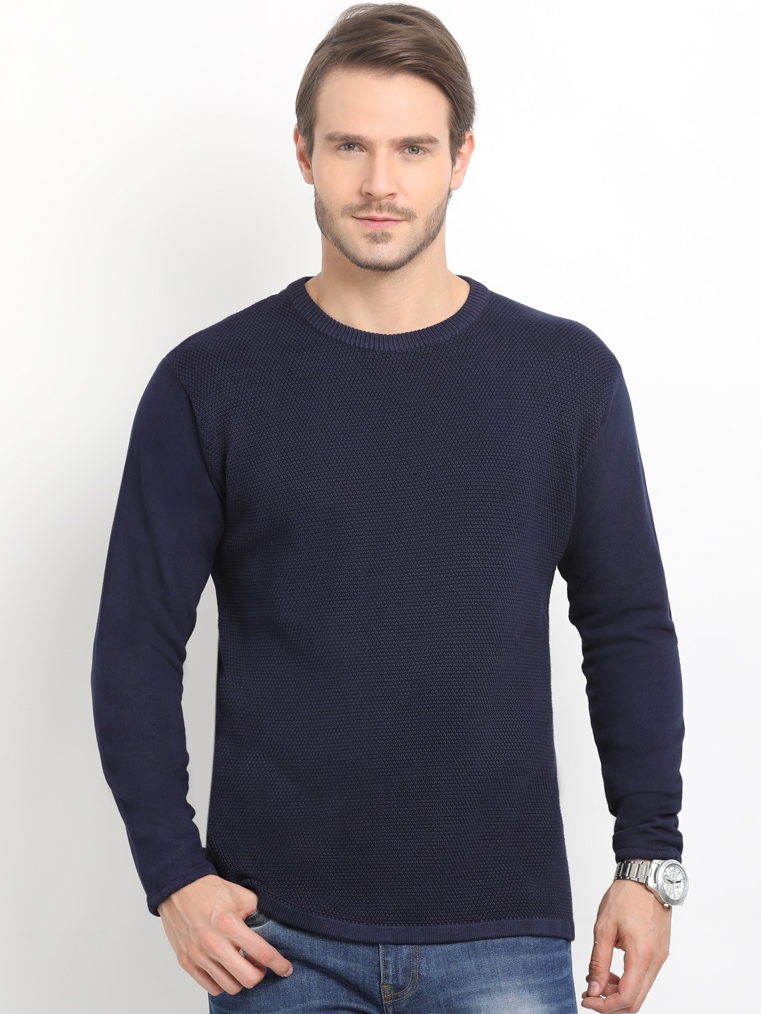 

Indian Terrain Men Navy Blue Self Design Pullover