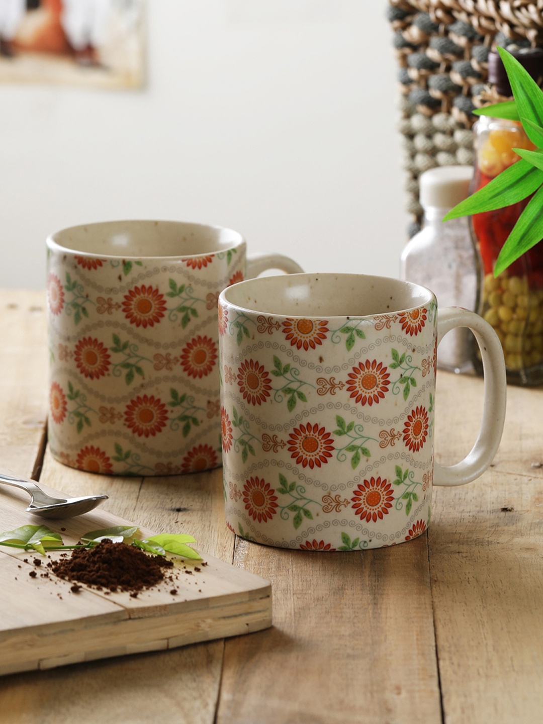 

MIAH Decor Set Of 2 Beige & Red Printed Ceramic Cups