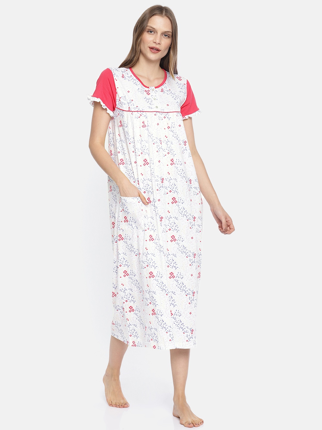 

Slumber Jill Women White & Pink Printed Nightdress