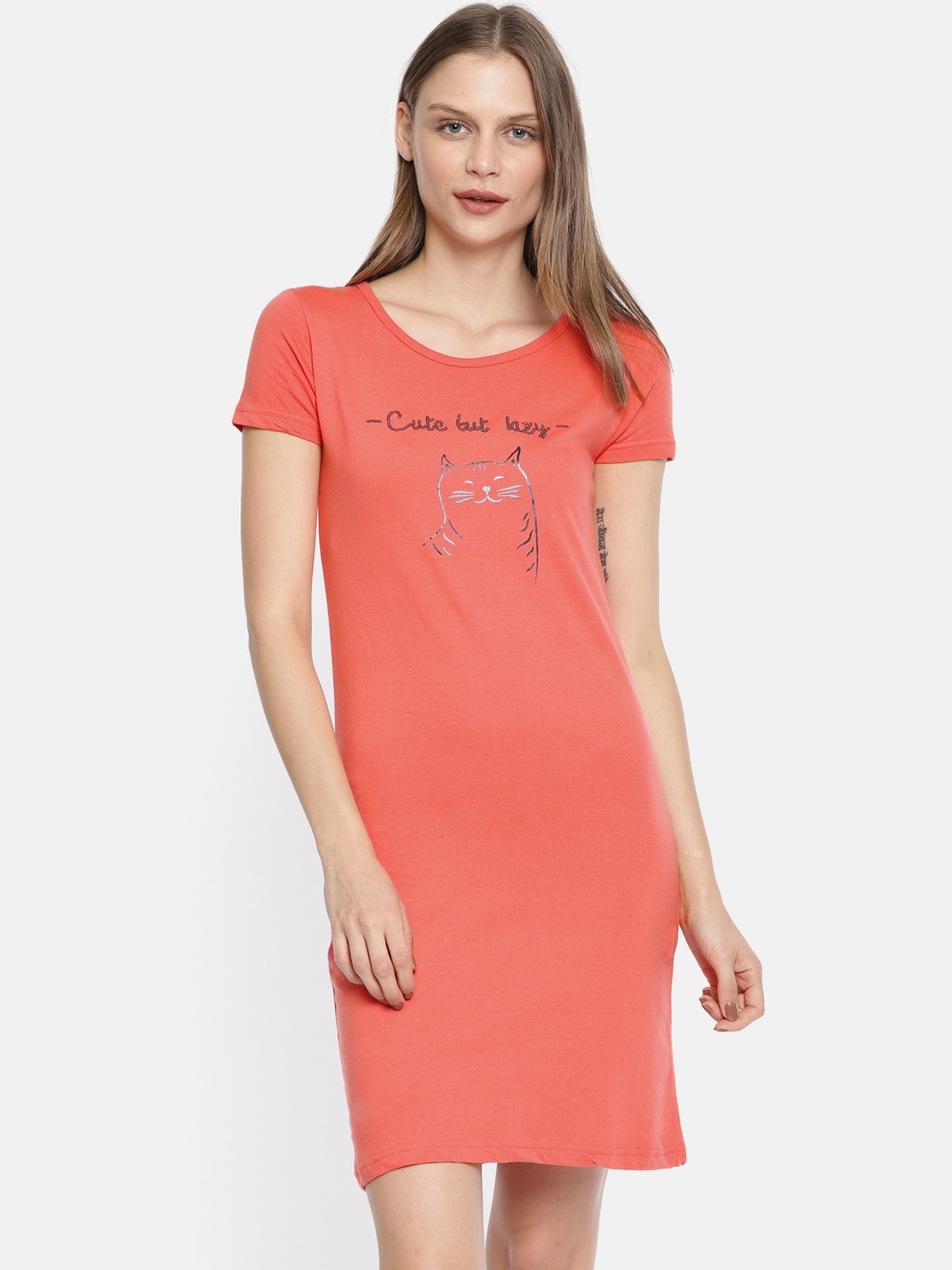 

Slumber Jill Women Coral Pink Printed Sleep T-shirt