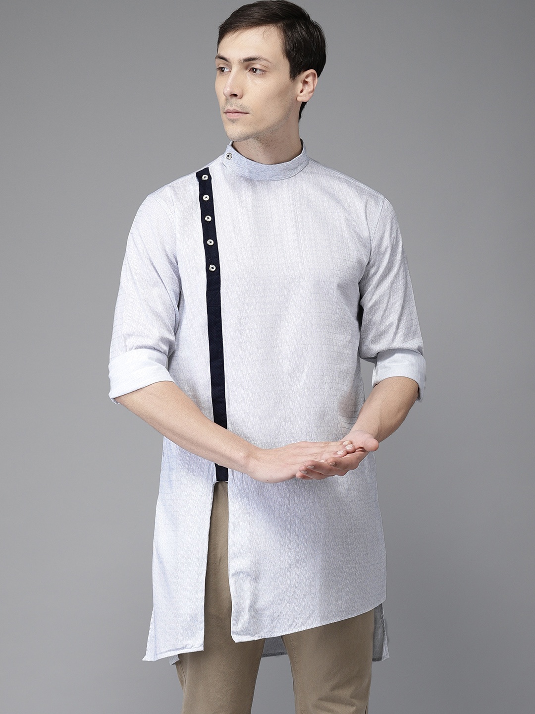 

Freehand Men White & Navy Printed Straight Kurta