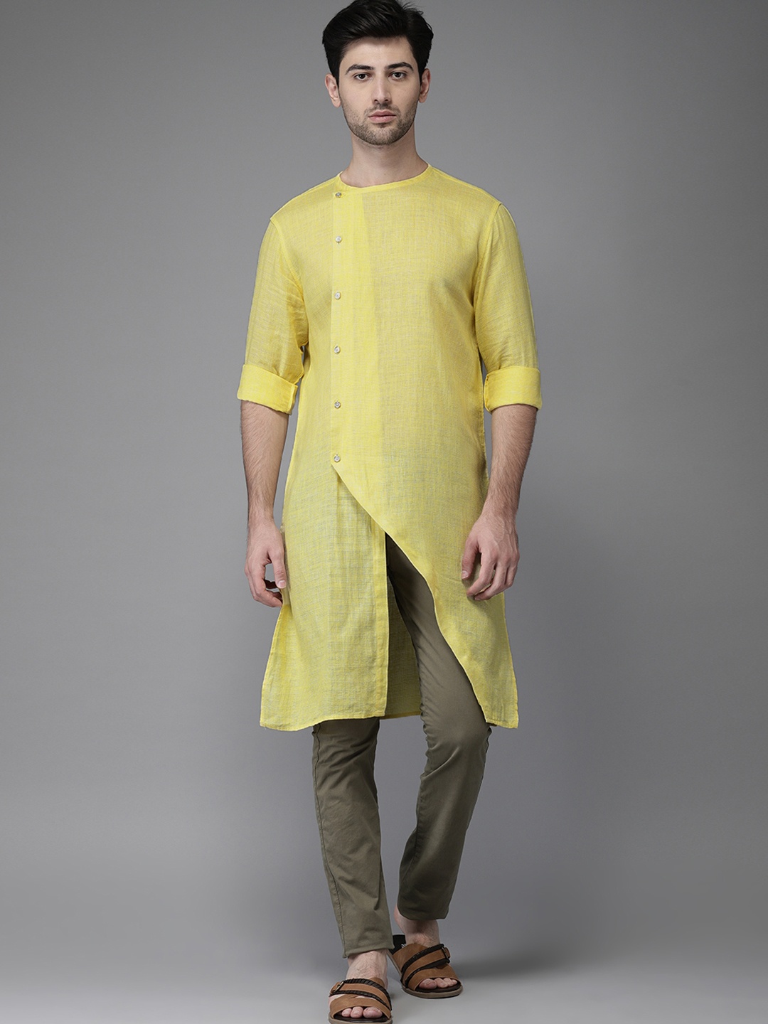 

Freehand Men Yellow Solid Asymmetric Straight Kurta