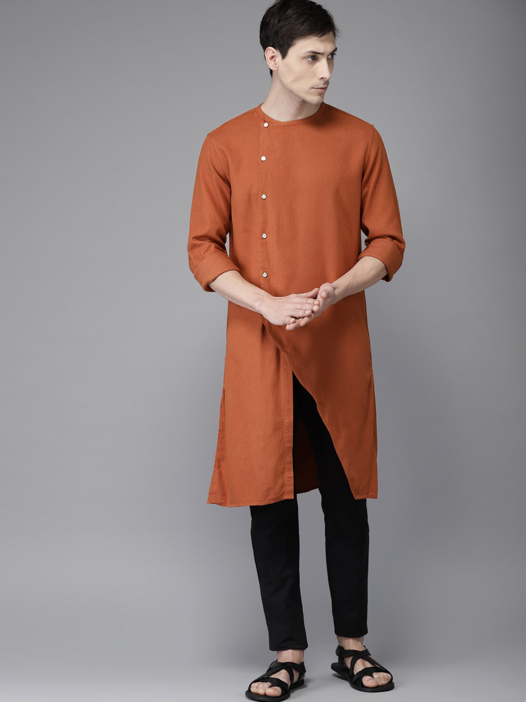 

Freehand Men Rust Red Solid Straight Kurta
