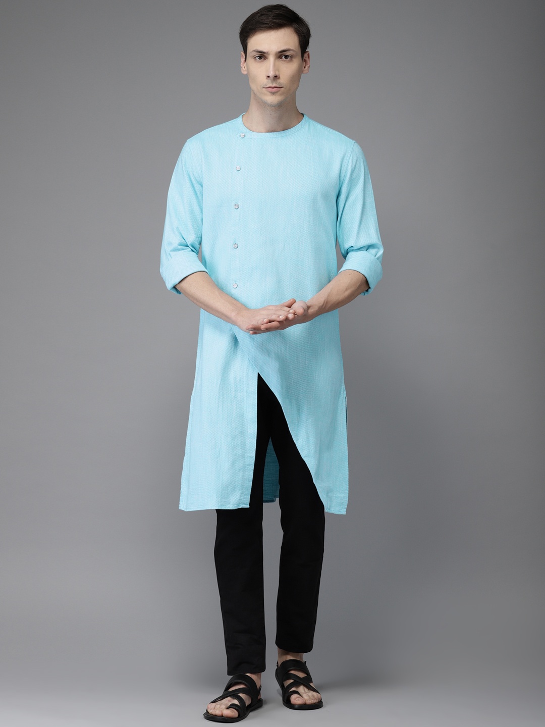 

Freehand Men Blue & White Woven Design Straight Kurta