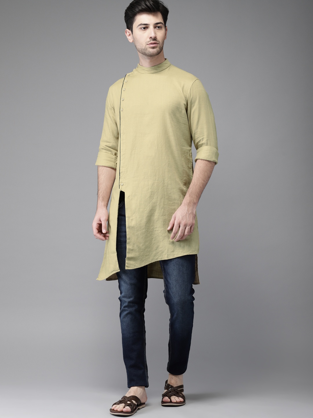 

Freehand Men Beige Solid Straight Kurta