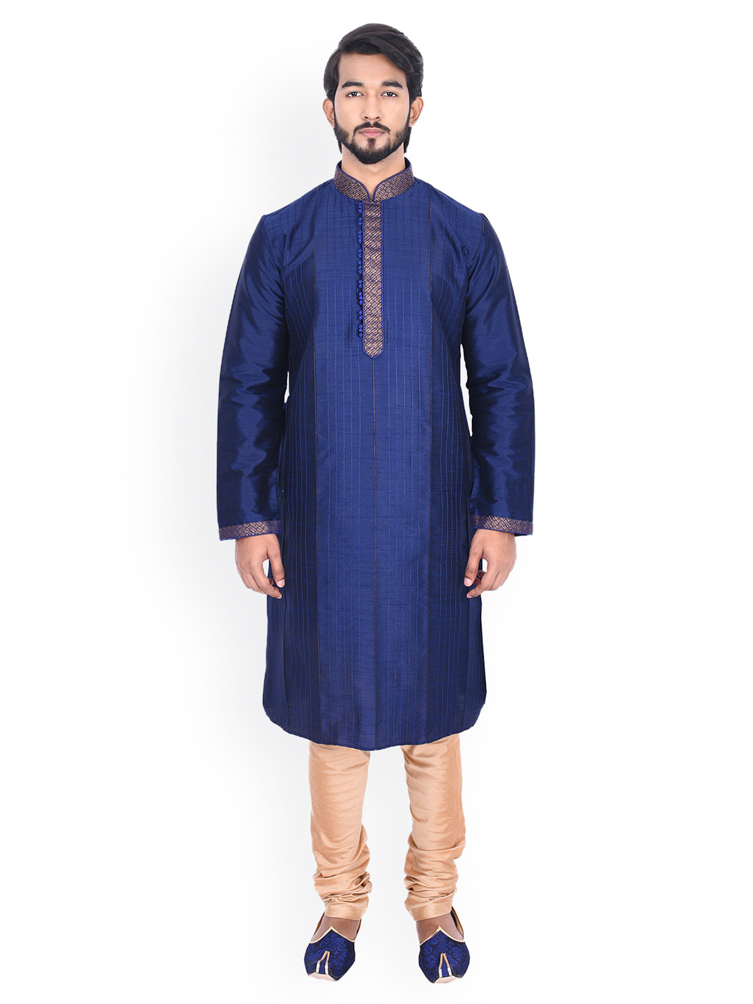 

Manyavar Men Blue & Beige Self Design Kurta with Churidar