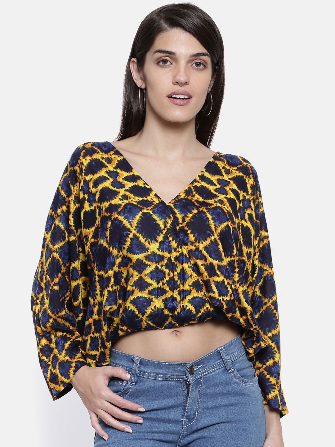 

The Kaftan Company Women Navy Blue Printed Indigo Blouson Crop Top