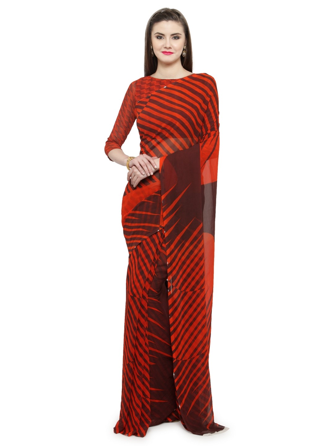 

Shaily Red & Brown Pure Georgette Printed Saree