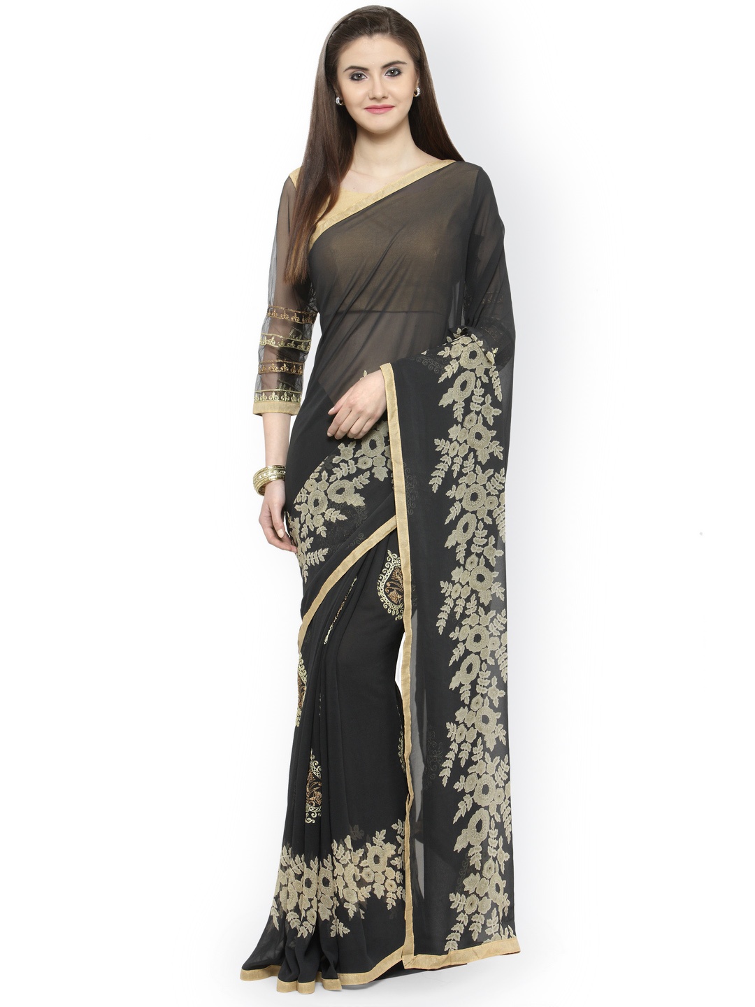 

Shaily Black Floral Print Embroidered Pure Georgette Saree