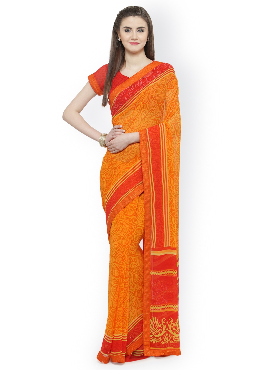 

Shaily Orange & Red Pure Georgette Printed Saree