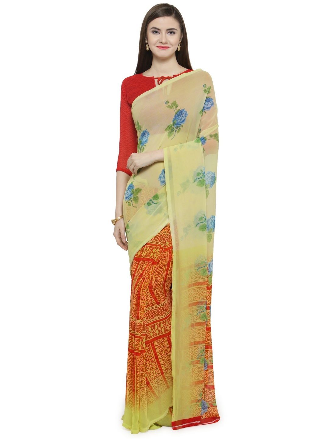 

Shaily Yellow & Red Pure Georgette Printed Saree