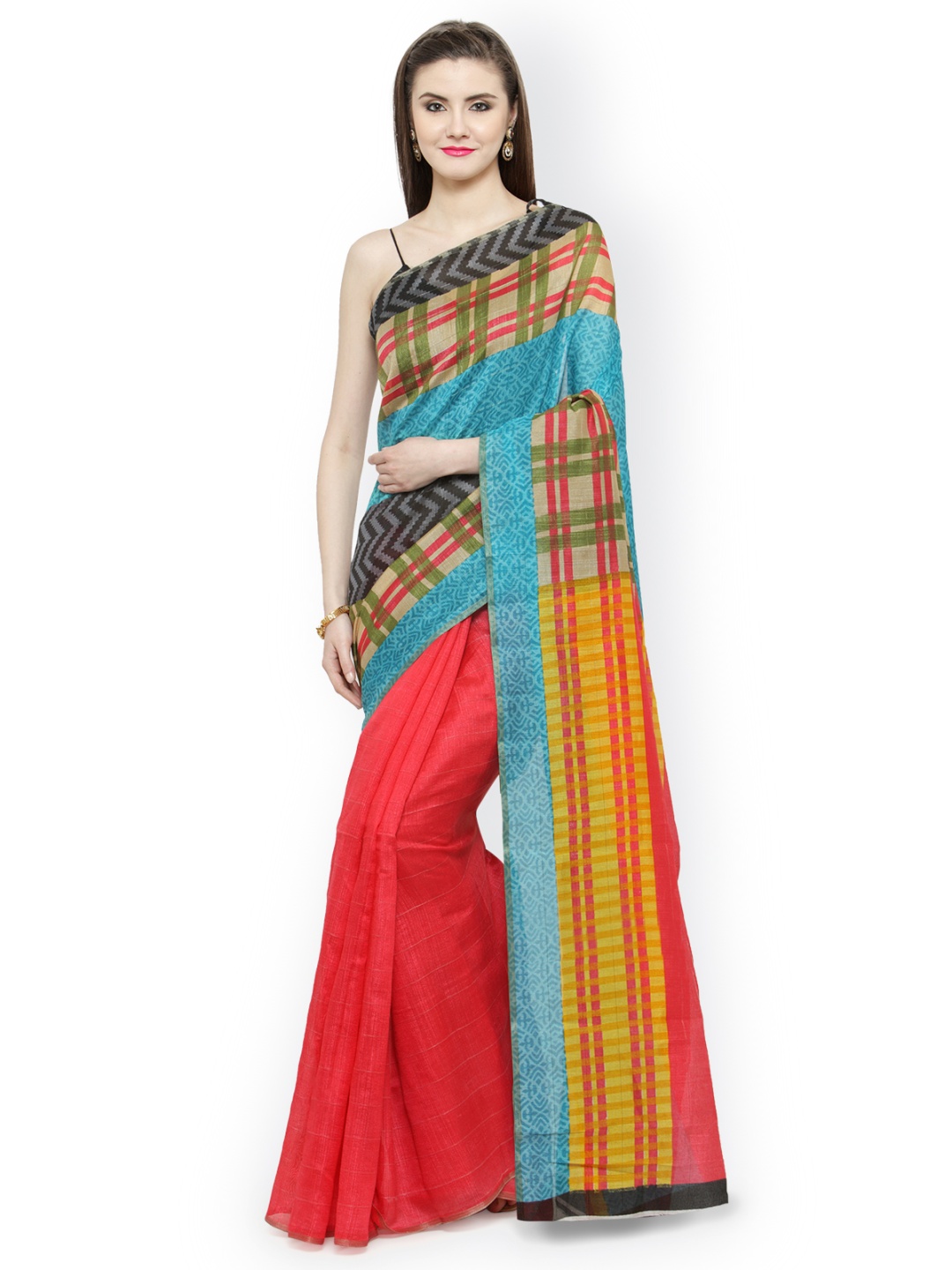 

Shaily Black & Pink Silk Cotton Checked Half & Half Saree