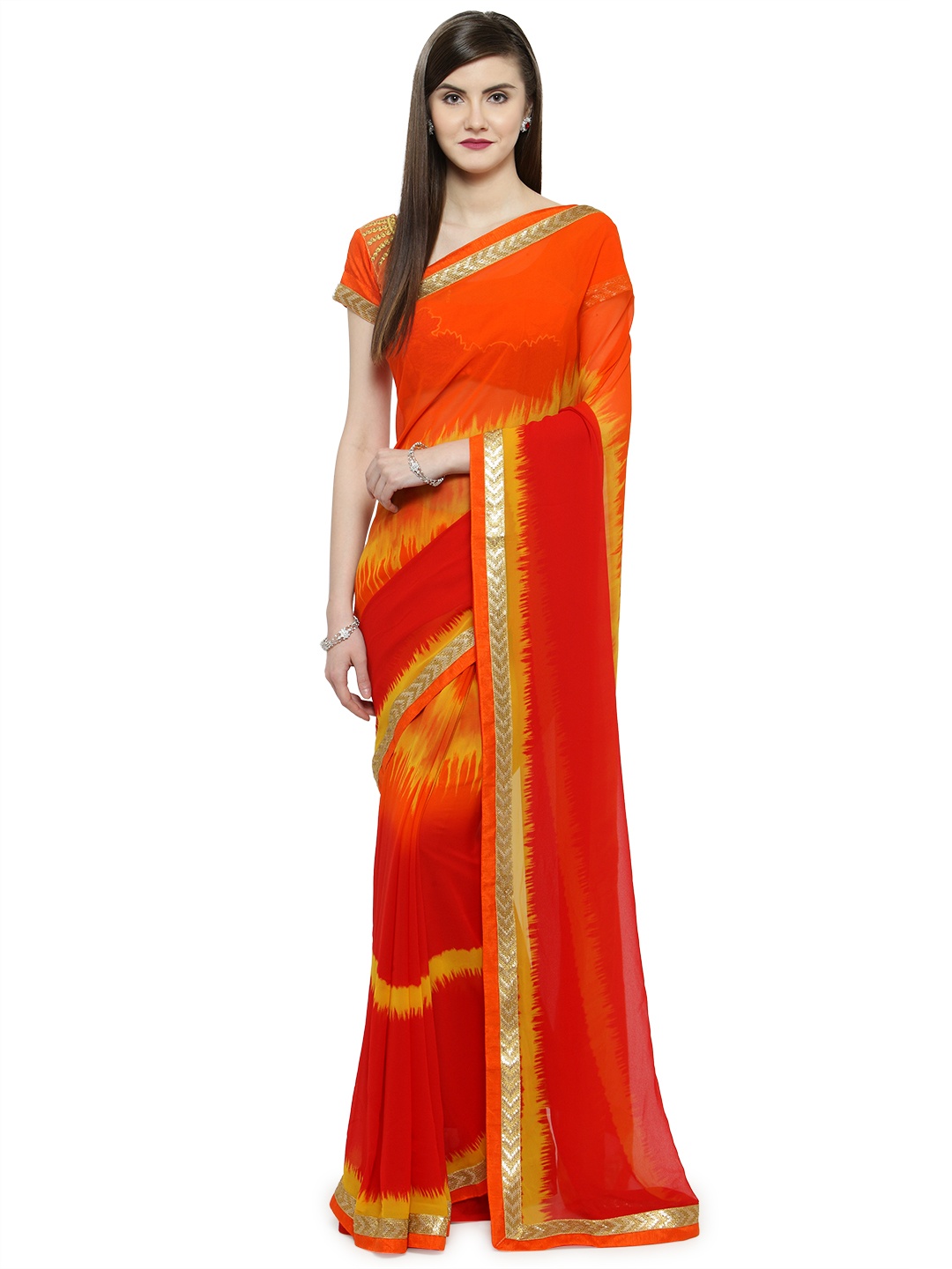 

Shaily Red & Yellow Pure Georgette Printed Saree