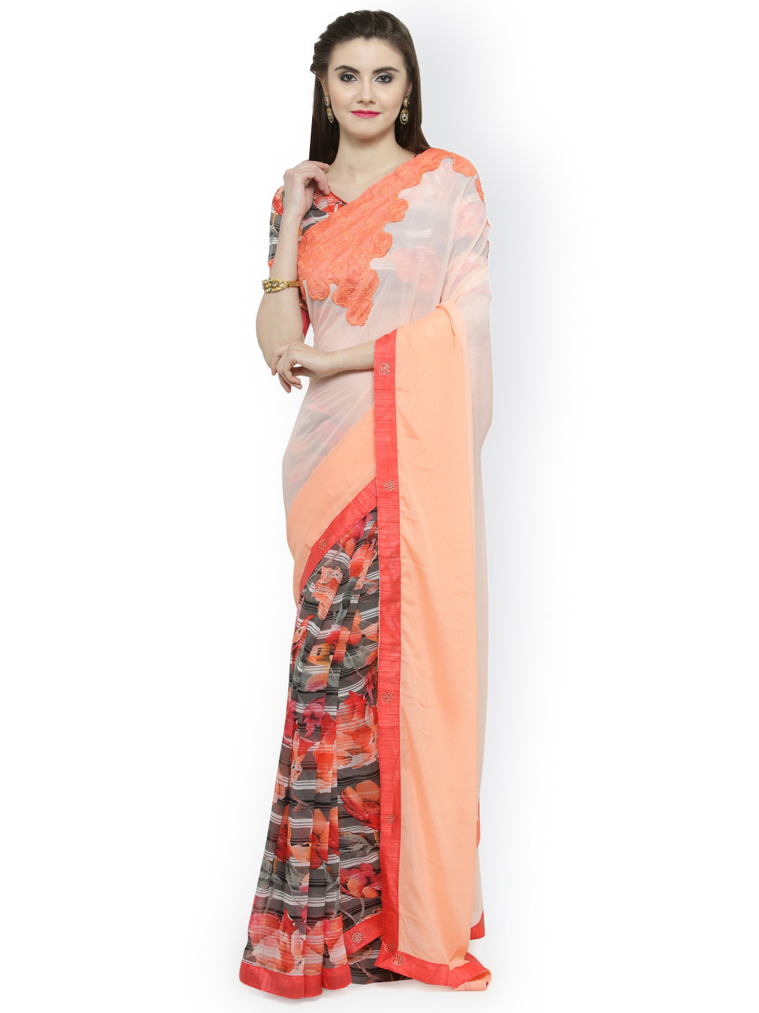 

Shaily Orange & Grey Pure Georgette Printed Saree