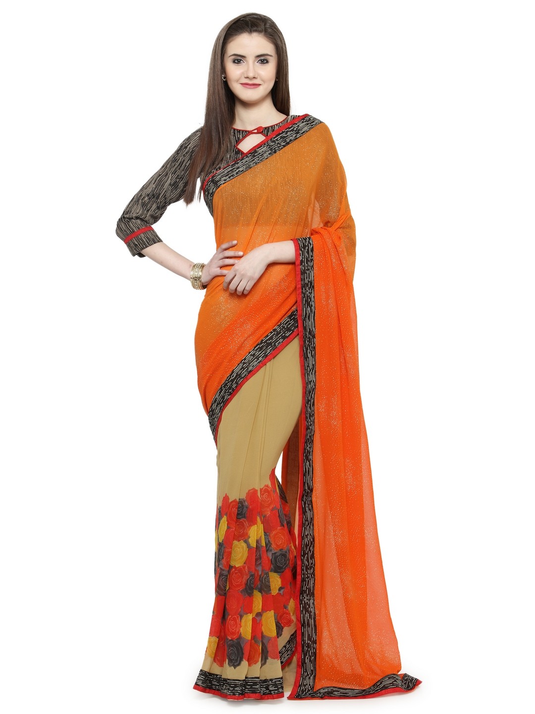 

Shaily Orange & Beige Pure Georgette Printed Saree