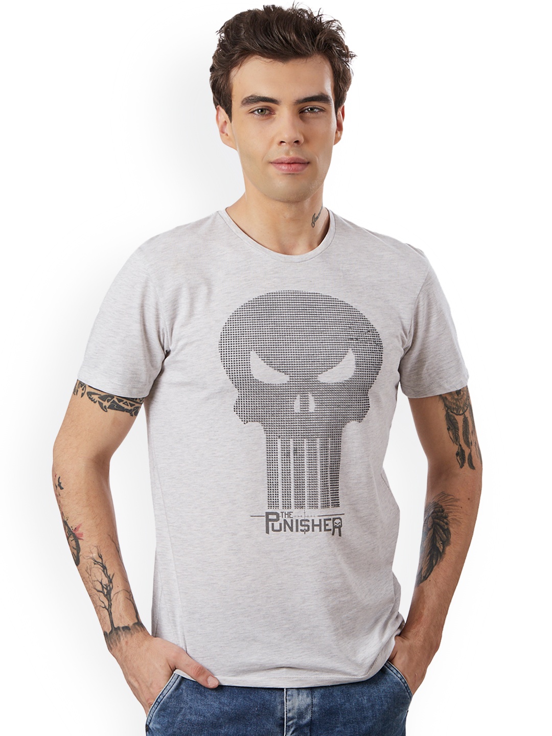 

Free Authority Men Grey Melange PUNISHER Printed T-shirt