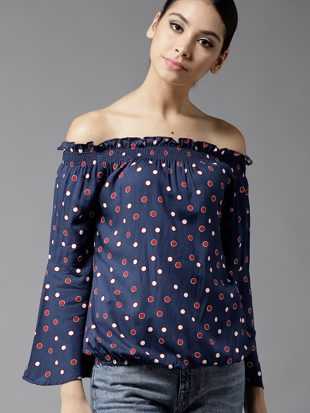 

Moda Rapido Women Navy Blue Printed Bardot Top