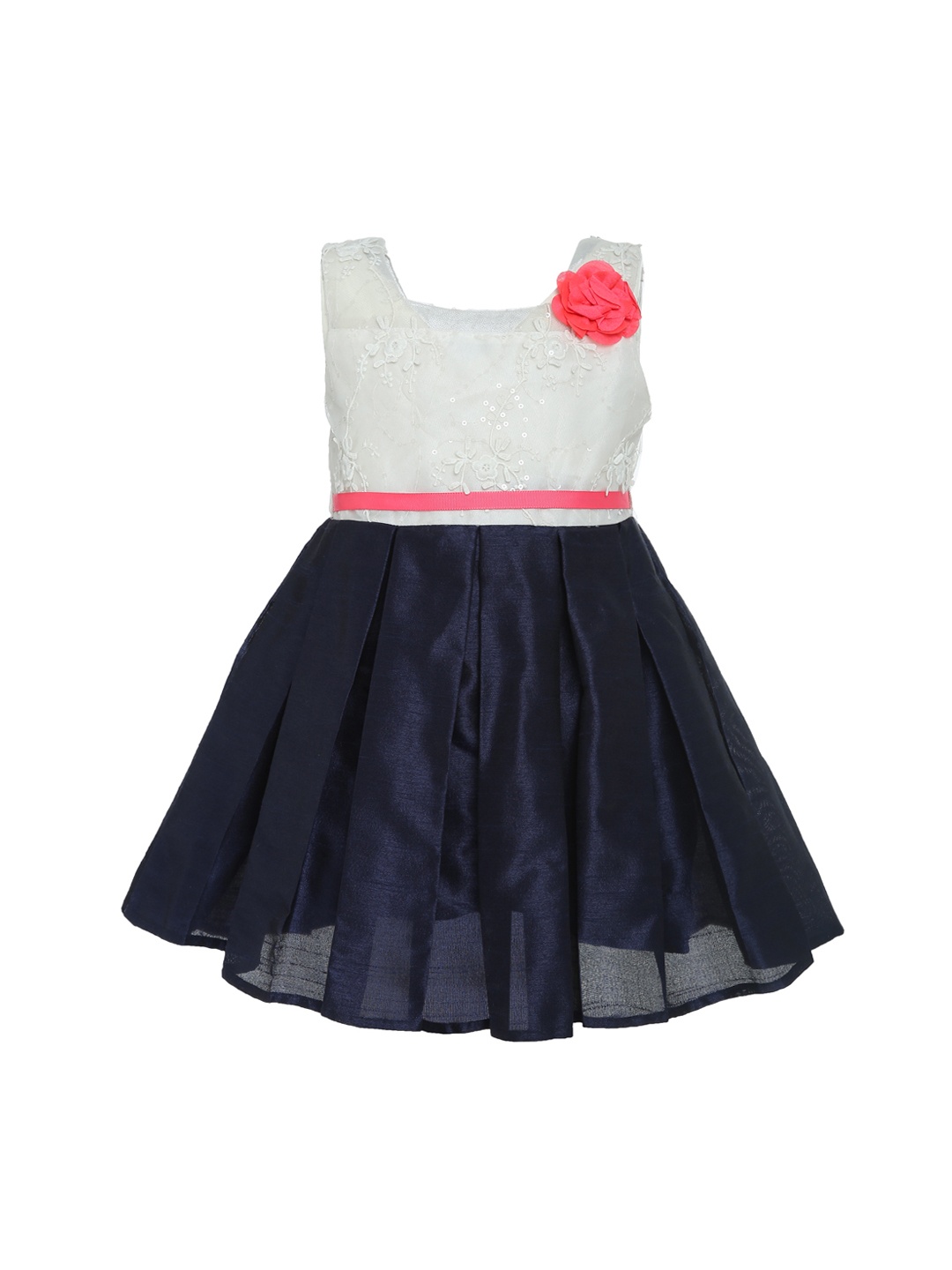 

A Little Fable Girls Navy Blue & Off White Self Design Fit and Flare Dress