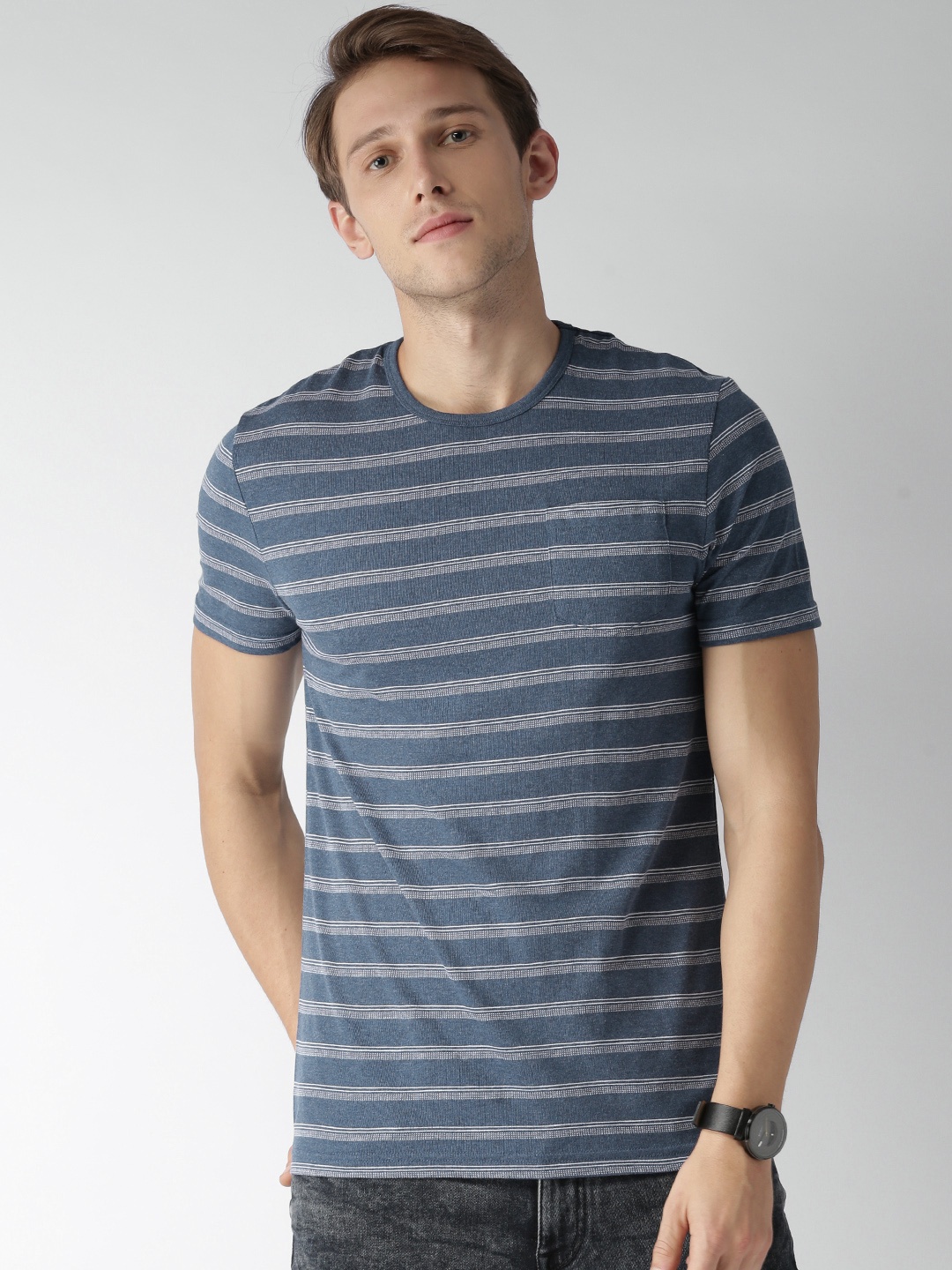 

Celio Men Blue & White Striped Round Neck T-shirt