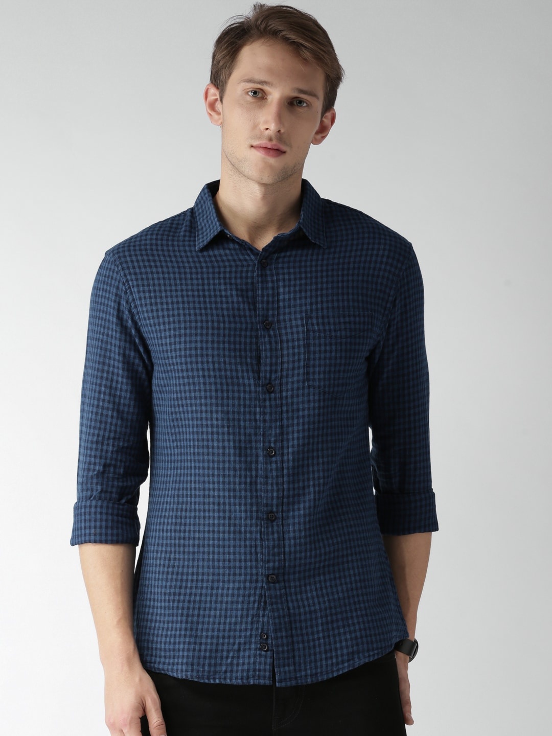 

Celio Men Blue Slim Fit Checked Casual Linen Sustainable Shirt