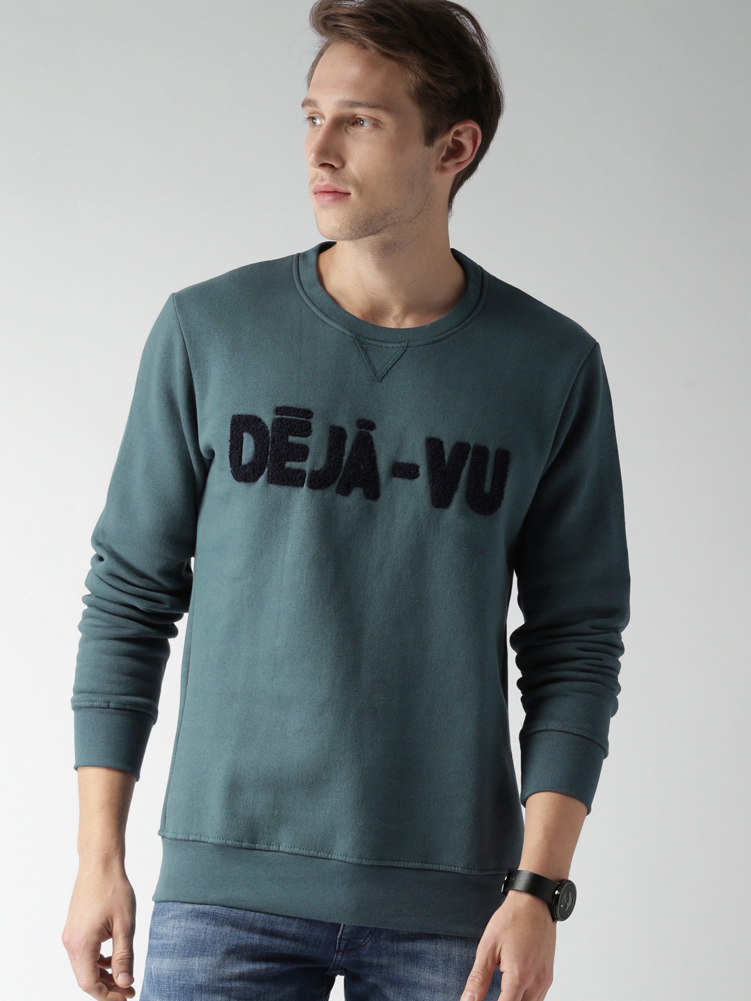 

Celio Men Teal Blue Self Design Sweatshirt