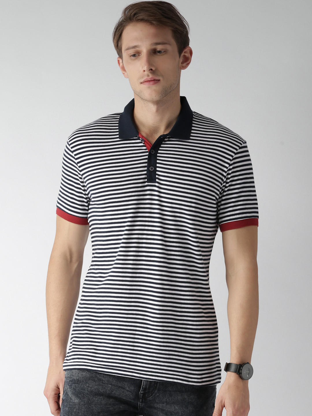

Celio Men Navy Blue & White Striped Polo T-shirt
