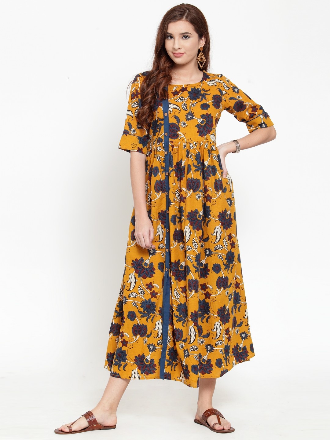 

Varanga Women Mustard Floral Printed Fit and Flare Dress