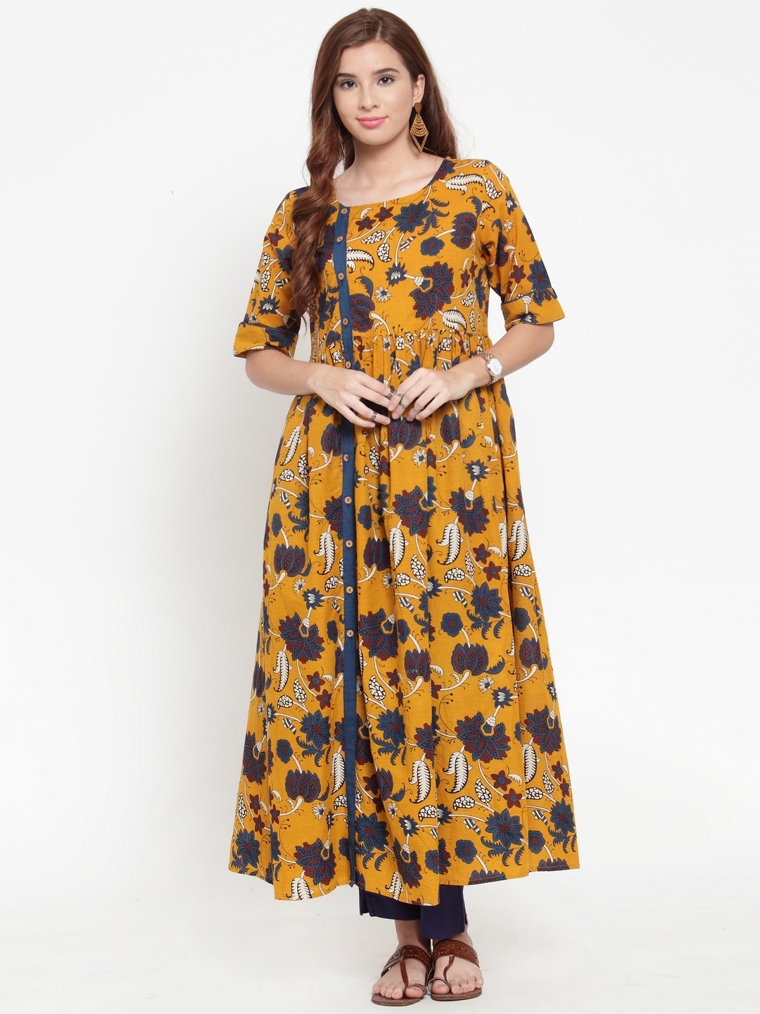 

Varanga Women Mustard & Blue Printed Kurta with Trousers