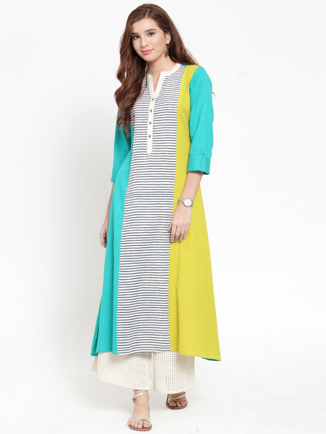 

Varanga Women Teal & Green Striped Kurta with Palazzos