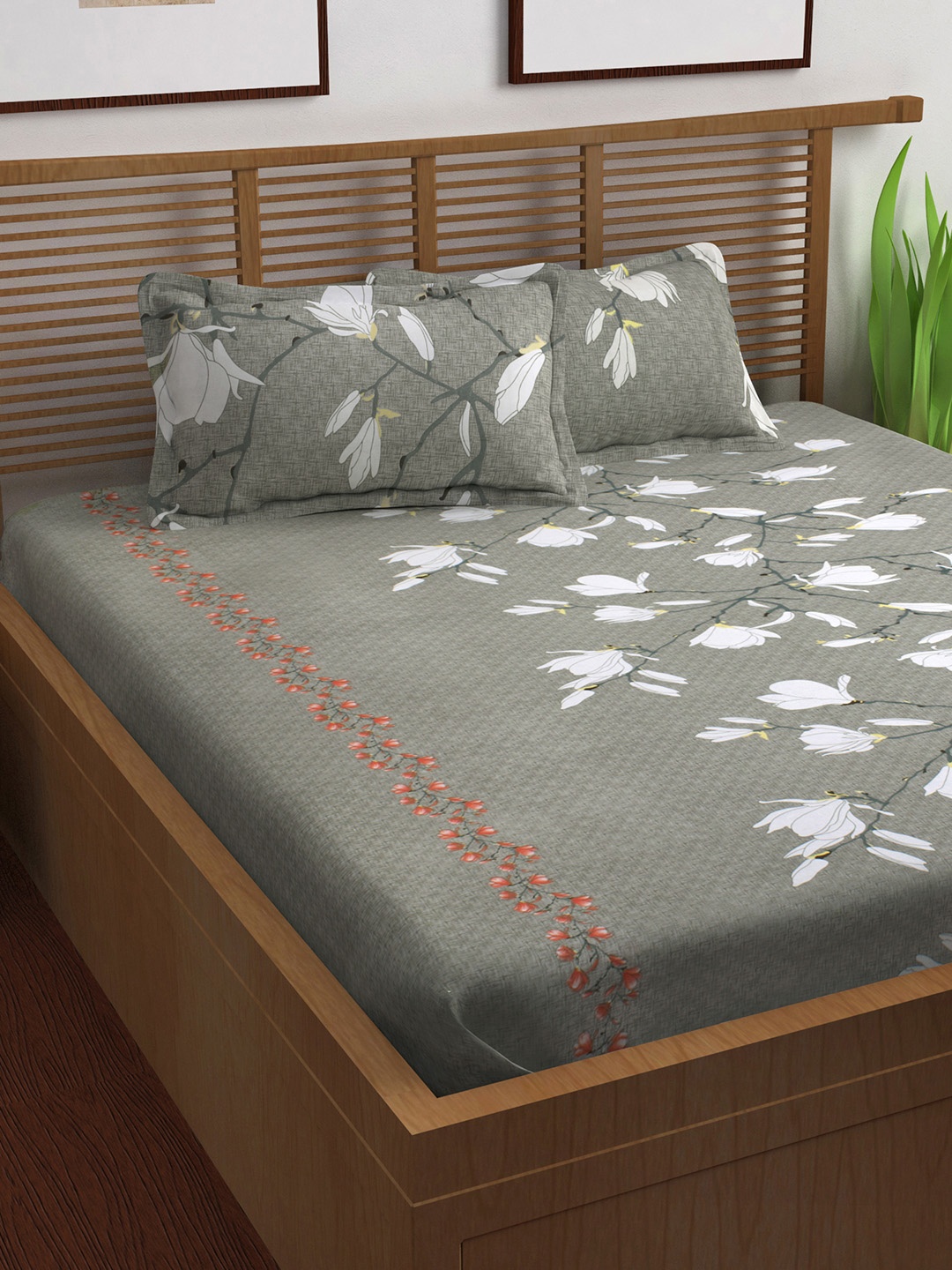

Story@home Grey Floral Flat 144 TC Cotton 1 Queen Bedsheet with 2 Pillow Covers