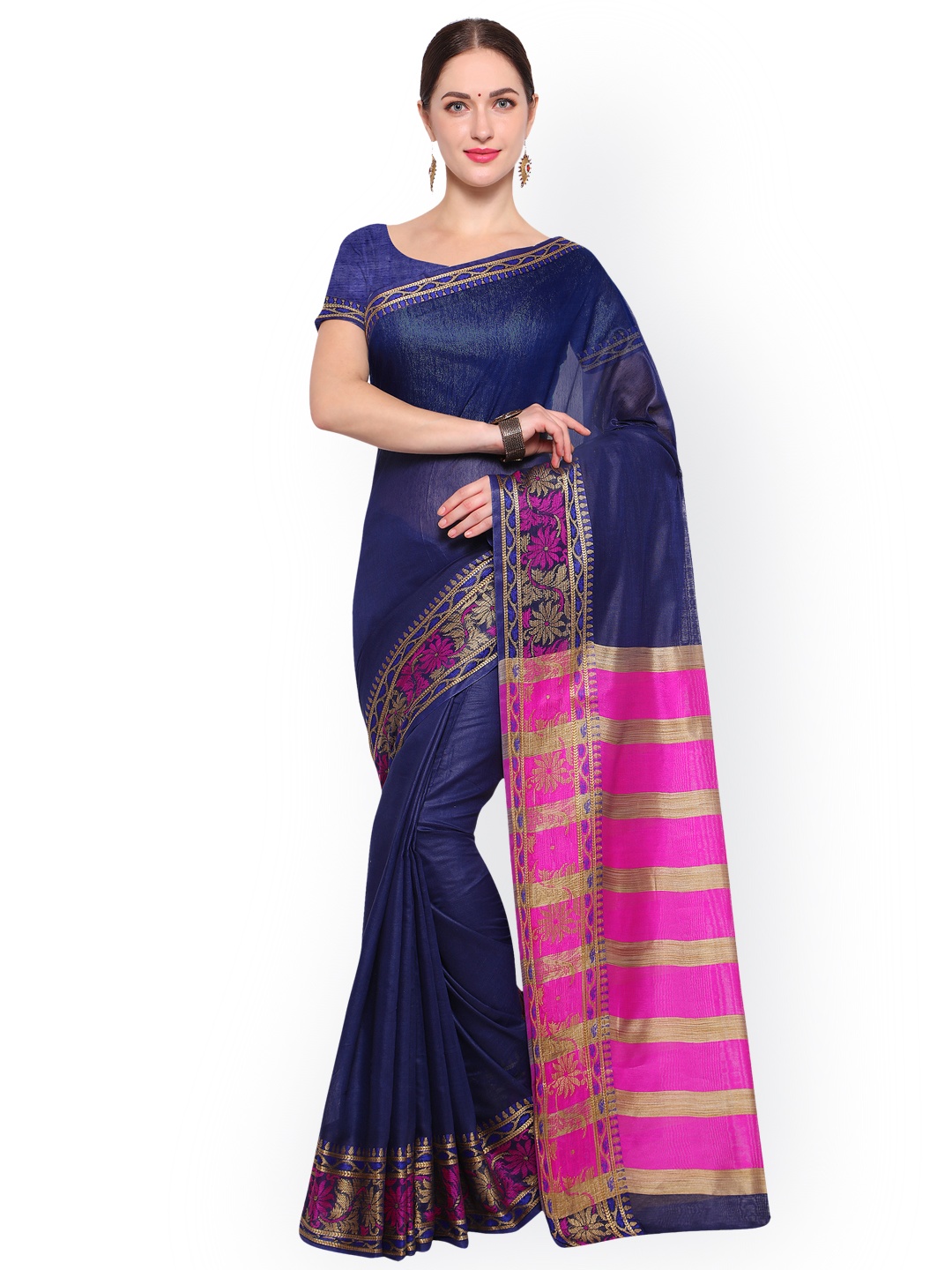 

Blissta Navy Blue & Pink Silk Cotton Solid Saree