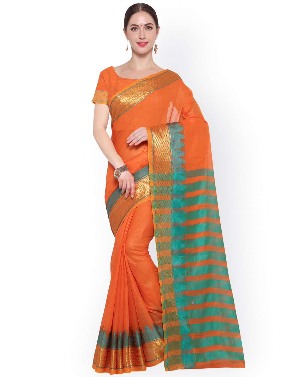 

Blissta Orange & Gold-Toned Silk Cotton Woven Design Saree