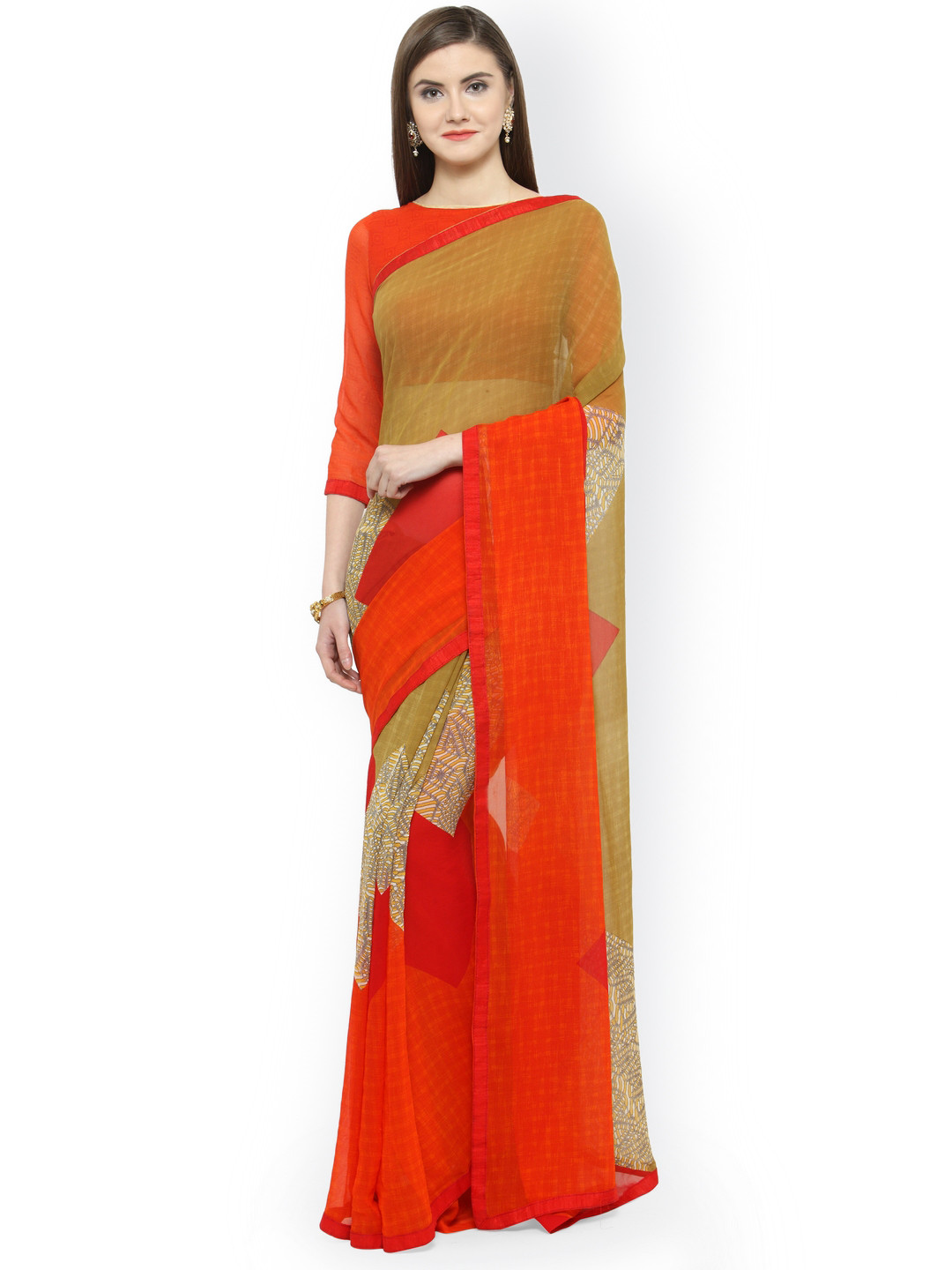 

Shaily Beige & Orange Pure Georgette Printed Saree