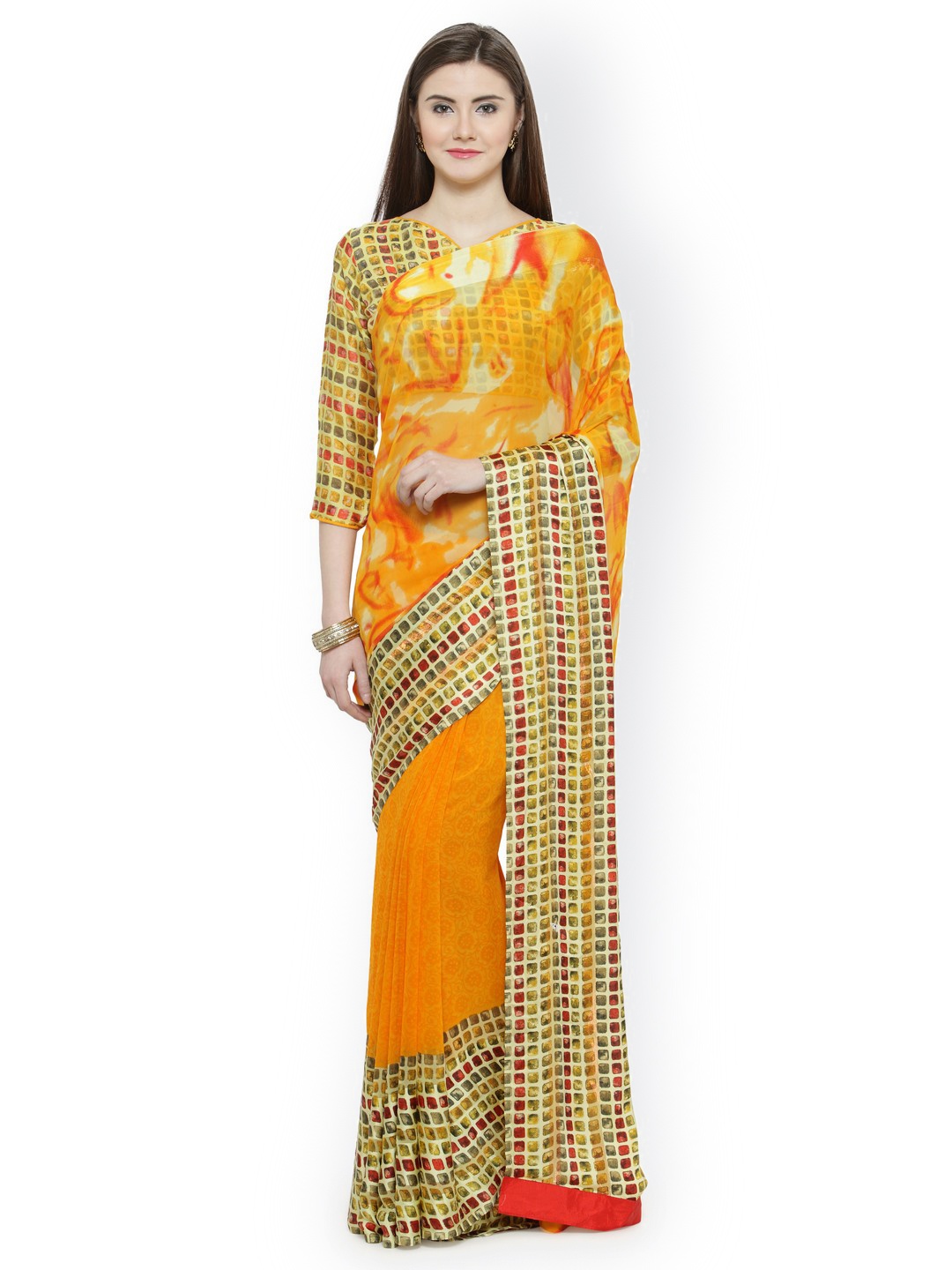 

Shaily Yellow & Orange Pure Silk Printed Saree