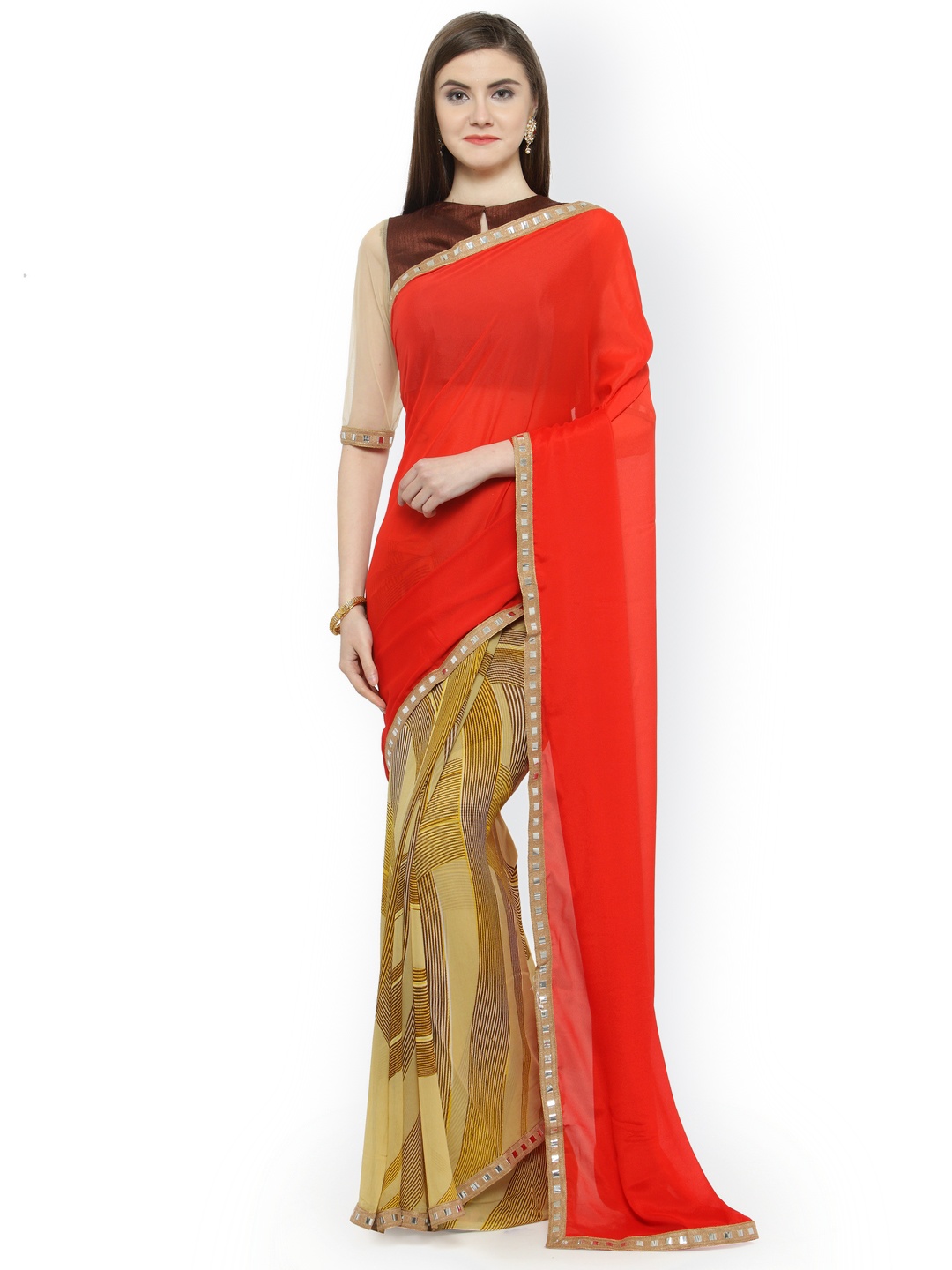 

Shaily Red & Beige Pure Georgette Printed Saree