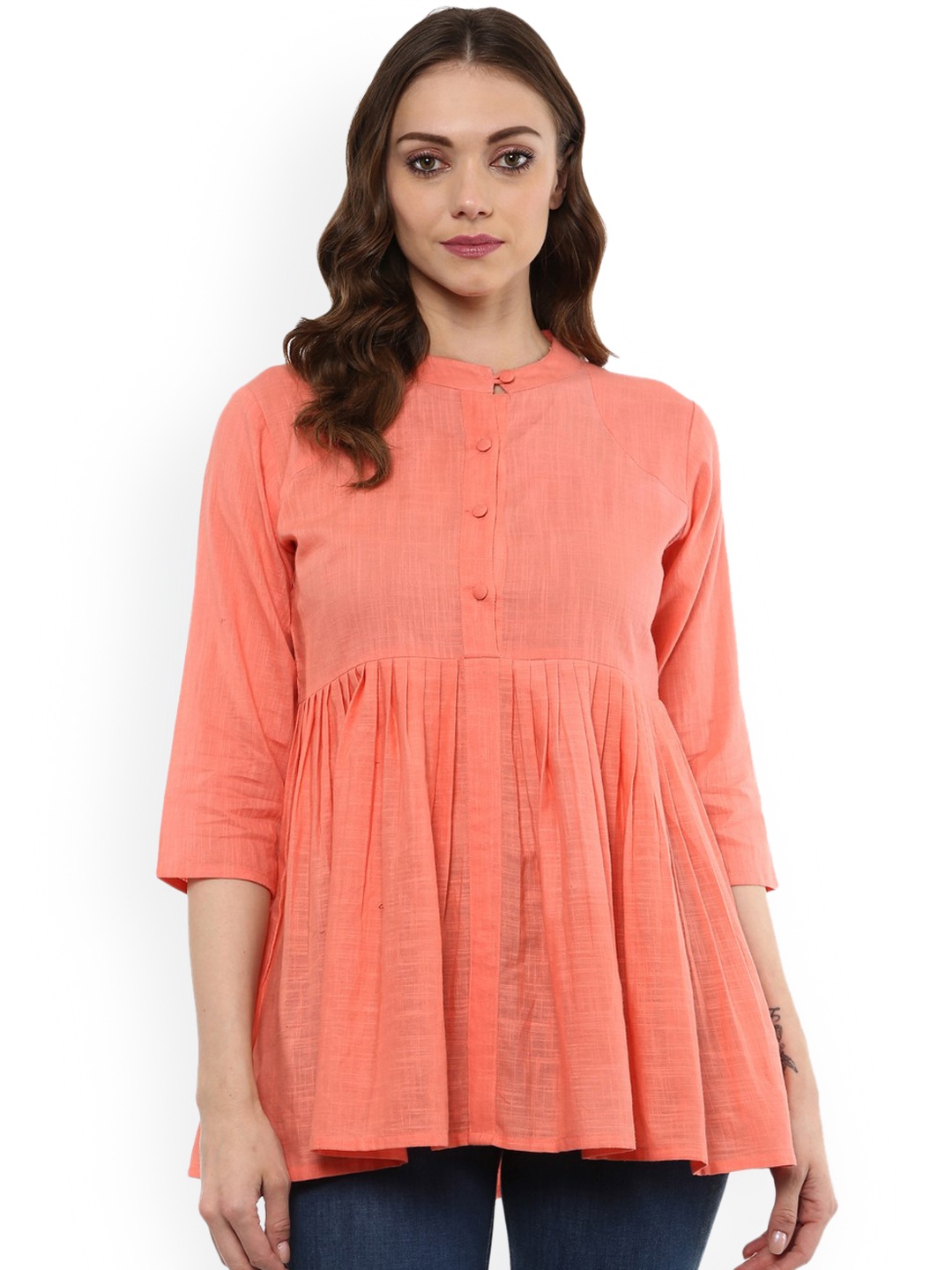 

Idalia Women Peach-Coloured Solid Empire Pure Cotton Top