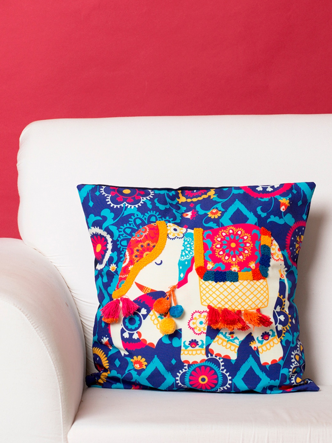 

Chumbak Blue Single Ethnic Motifs Square Cushion Cover with Tassels