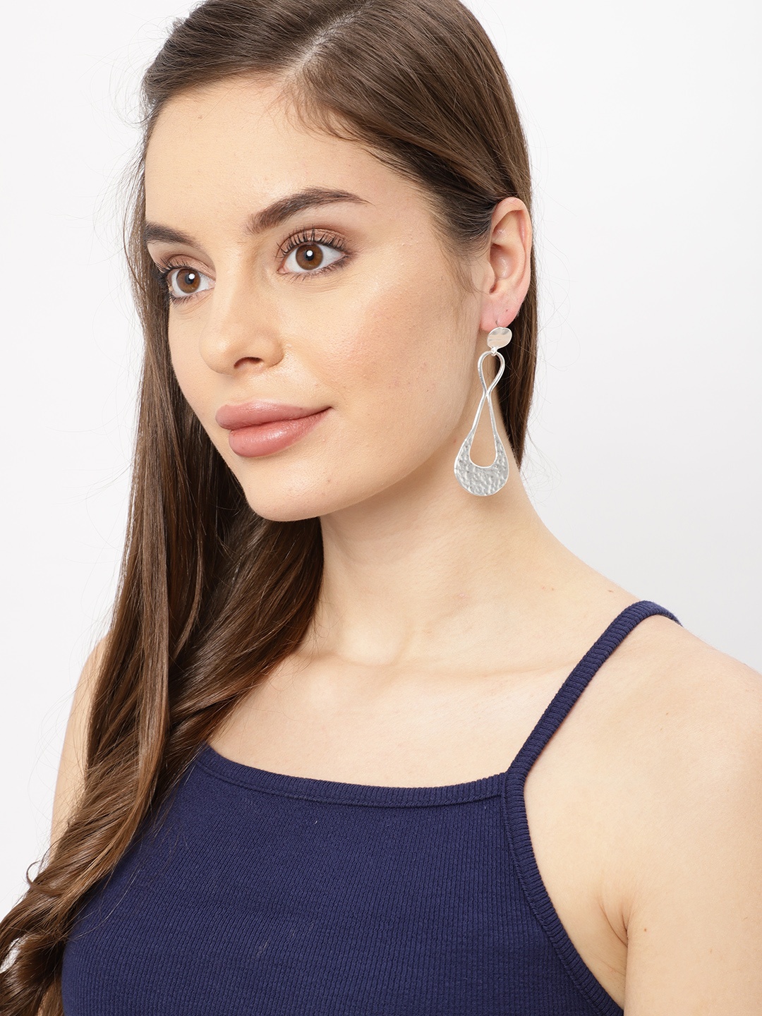 

Ayesha Silver-Toned Contemporary Organic Hammered Drop Earrings