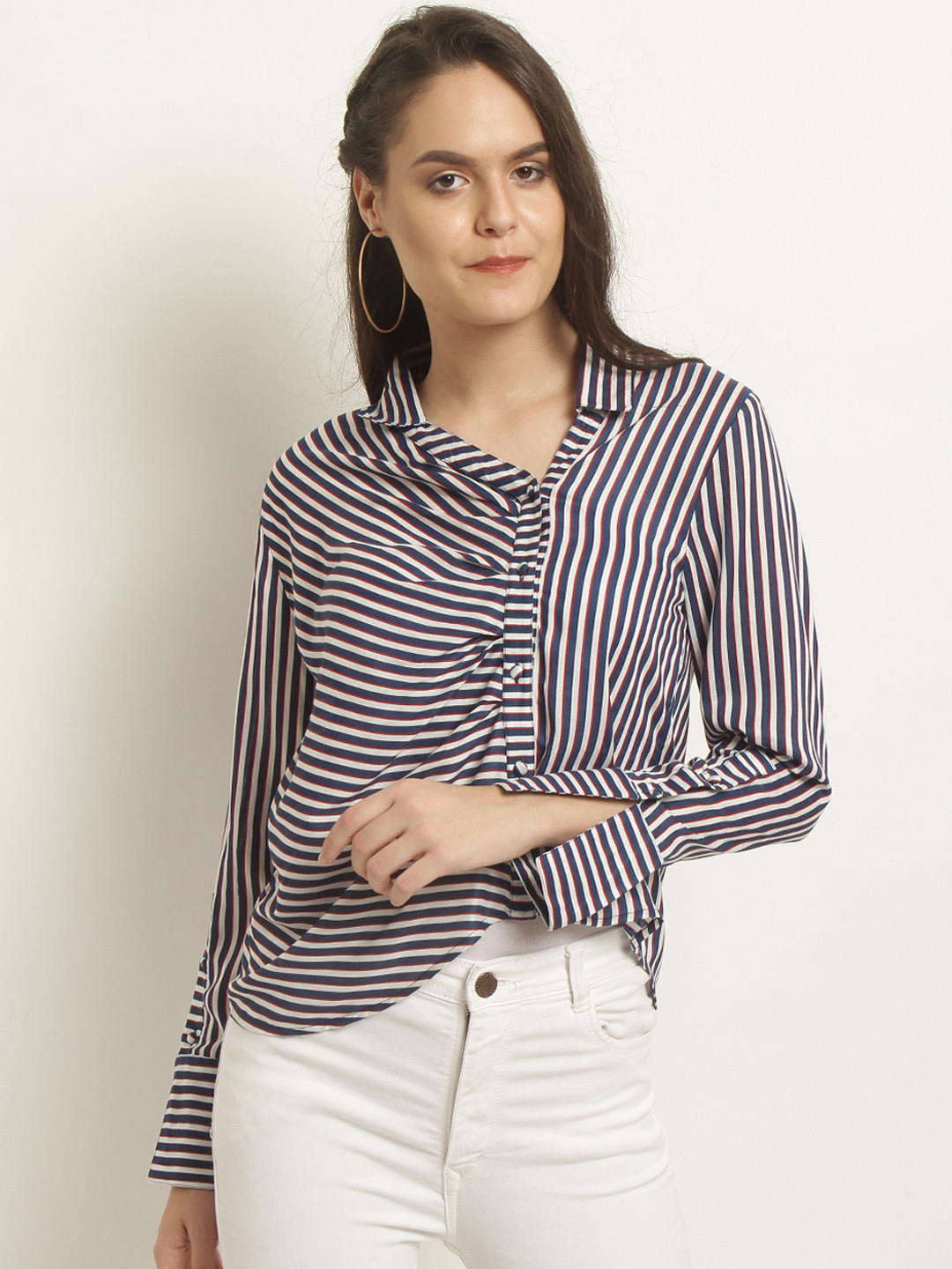 

Marie Claire Women Navy Blue & White Striped Regular Fit Casual Shirt