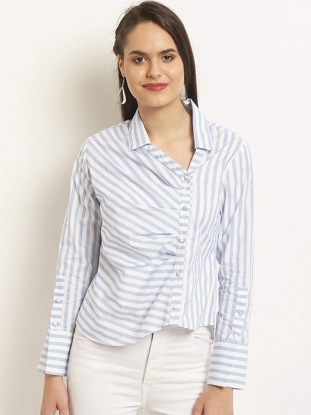 

Marie Claire Women Off-White & Blue Striped Regular Fit Casual Shirt