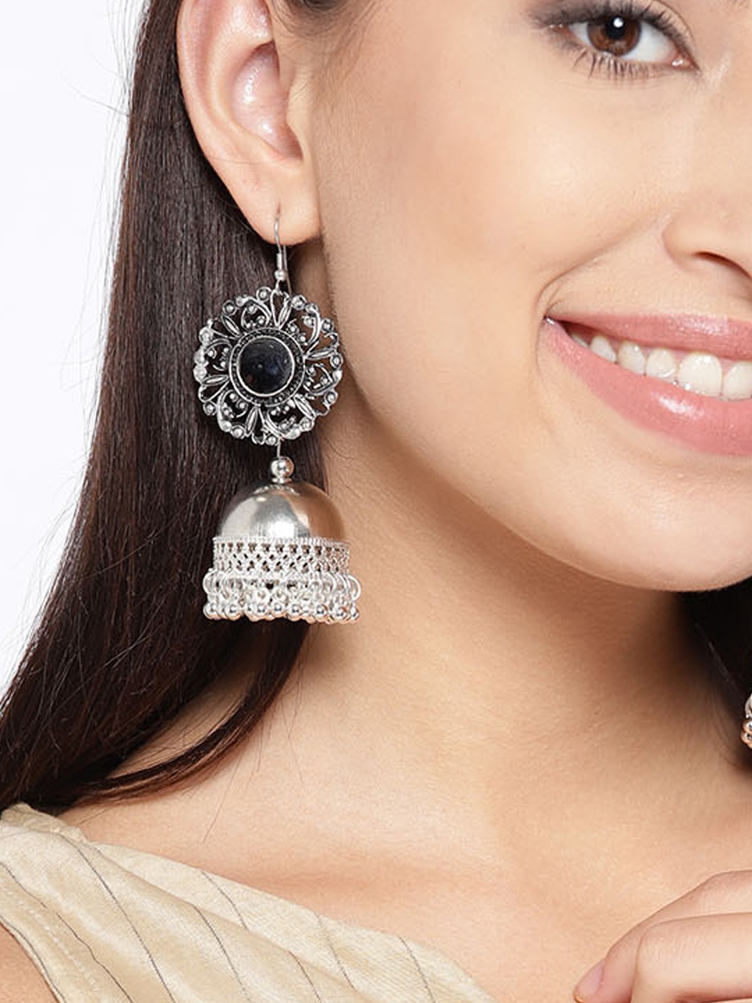 

YouBella Oxidised Silver-Plated Dome Shaped Jhumkas